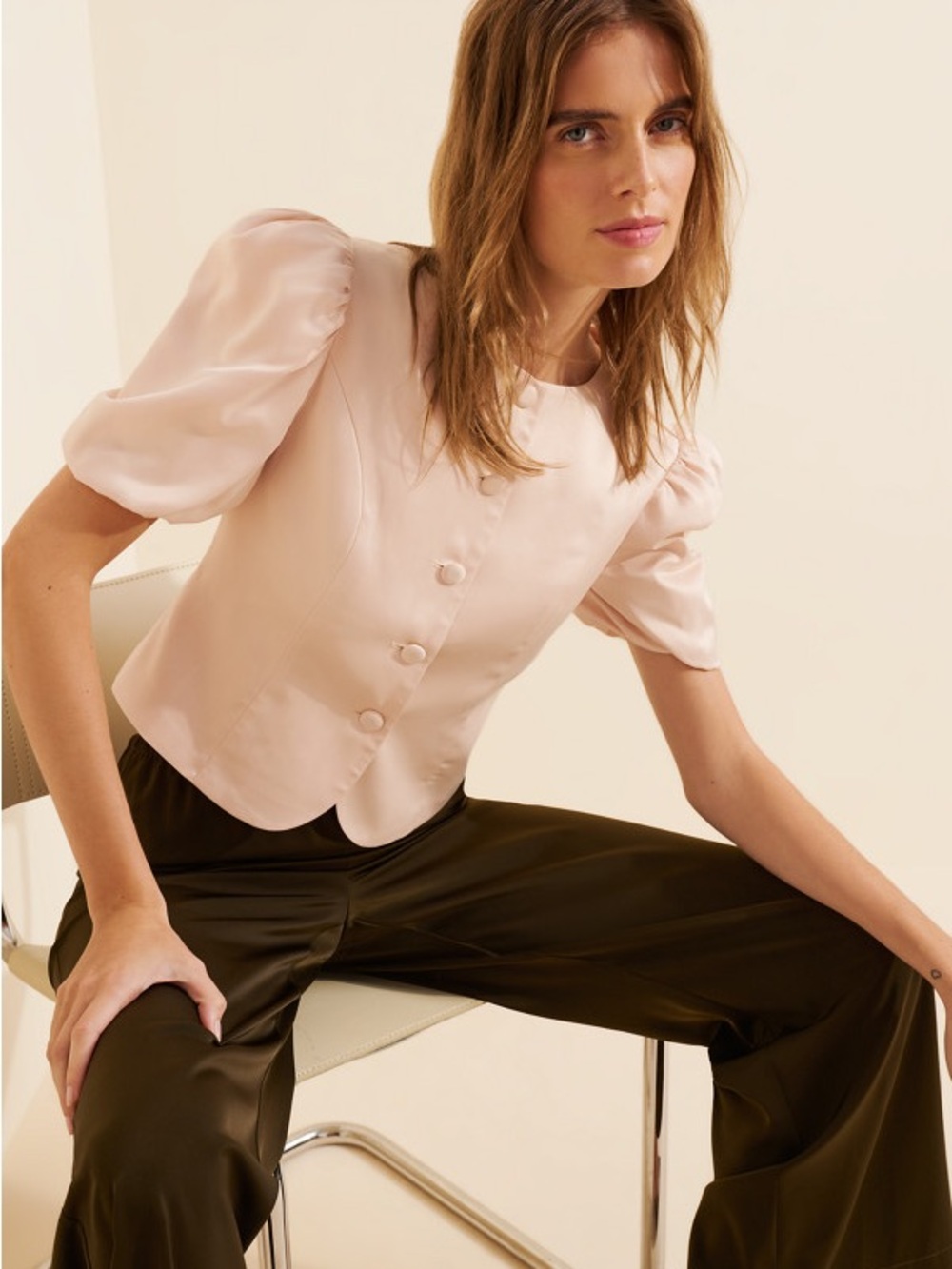 dolan Blush Pink Puff Sleeve Button-Front Top - Picture 3 of 8